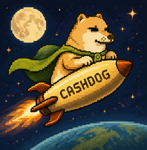 CashDog riding a rocket